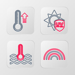 Sticker - Set line Rainbow, Water thermometer, UV protection and Meteorology icon. Vector