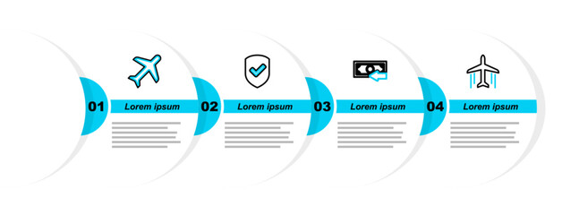 Sticker - Set line Plane, Cash back, Shield with check mark and icon. Vector