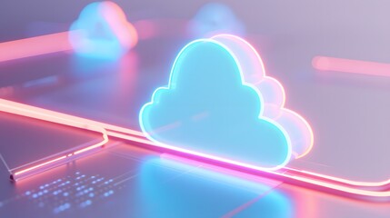 Futuristic glowing cloud symbol representing cloud computing and secure data storage in a neon-lit, modern tech environment. 3D Illustration.