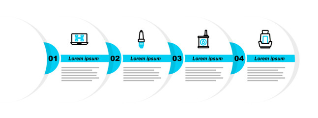 Poster - Set line Car seat, Canister for motor oil, spark plug and Diagnostics condition of car icon. Vector