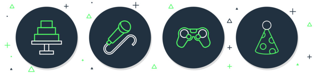 Sticker - Set line Microphone, Gamepad, Cake and Party hat icon. Vector