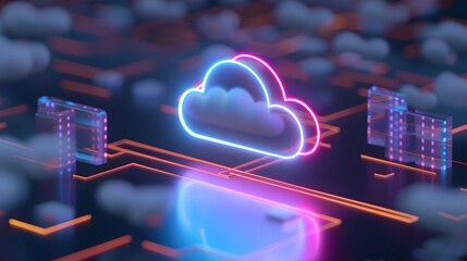 Poster - Futuristic neon cloud computing concept with vibrant lights, symbolizing digital data technology and innovative connectivity solutions. 3D Illustration.