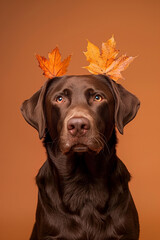 brown labrador dog with two autumn leaves on its head against a pastel orange background in a minima