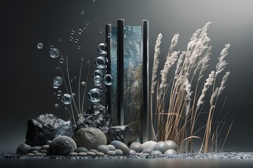 Sticker - Abstract composition of steel, glass and stone sculpture with reeds, pebbles and bubbles on a dark grey background. 3D rendering illustration with high detail in a hyperrealistic style. 