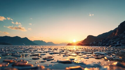 Wall Mural - Golden Sunset Reflecting on Rocky Shore.