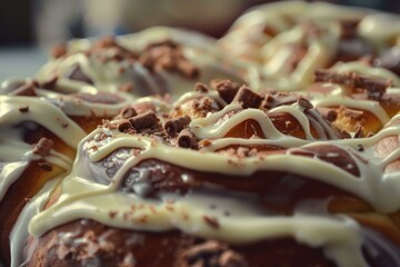 Wall Mural - Freshly baked cinnamon buns topped with white icing and chocolate shavings are waiting to be eaten