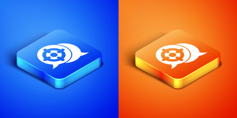 Sticker - Isometric Target sport icon isolated on blue and orange background. Clean target with numbers for shooting range or shooting. Square button. Vector