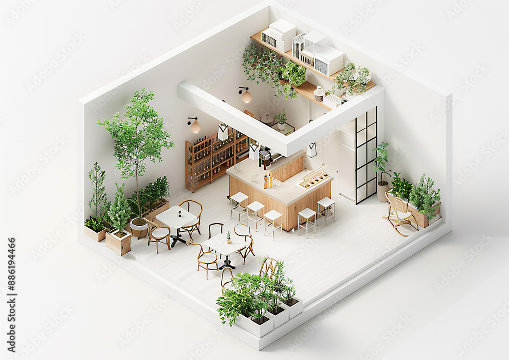 3D mockup of a tiny loft-style cafe, isometric view, white background ...