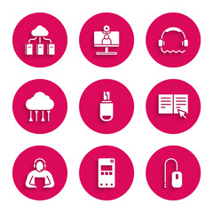 Poster - Set USB flash drive, Mobile phone, Computer mouse, Online book, Student, Network cloud connection, Headphones and Cloud online library icon. Vector