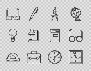 Wall Mural - Set line Protractor grid for measuring degrees, Clock, Drawing compass, Briefcase, Glasses, Table lamp, and icon. Vector