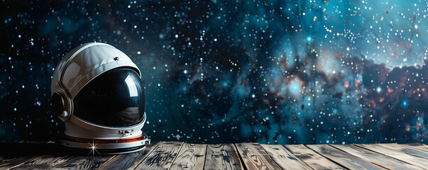 A detailed astronaut helmet rests on a space station table against a vivid cosmic background,