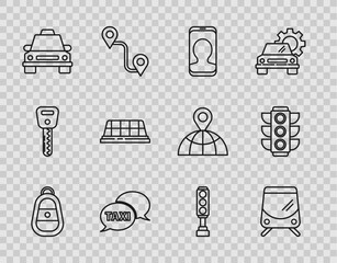 Poster - Set line Car key with remote, Tram and railway, Taxi call telephone service, car, roof, Traffic light and icon. Vector