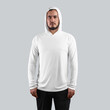© olegphotor - Mockup of white longsleeve sun protection on bearded man, front view, summer sportswear, for design, print, pattern, branding.