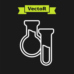 Sticker - White line Test tube and flask icon isolated on black background. Chemical laboratory test. Laboratory glassware. Vector