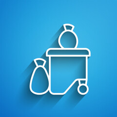 Poster - White line Dumpsters being full with garbage icon isolated on blue background. Garbage is pile lots dump. Garbage waste lots junk dump. Long shadow. Vector