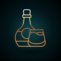 Poster - Gold line Whiskey bottle and glass icon isolated on dark blue background. Vector