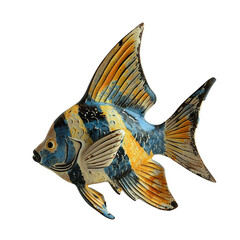 Canvas Print - Angled view of a ceramic angelfish figurine swimming in mid air isolated on a white transparent background