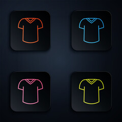 Sticker - Color neon line T-shirt icon isolated on black background. Set icons in square buttons. Vector