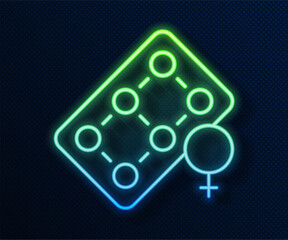 Sticker - Glowing neon line Packaging of birth control pills icon isolated on blue background. Contraceptive pill. Vector