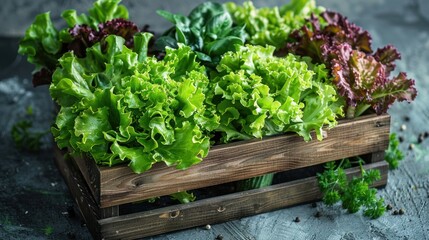 Wall Mural - Fresh Green Lettuce in a Wooden Crate