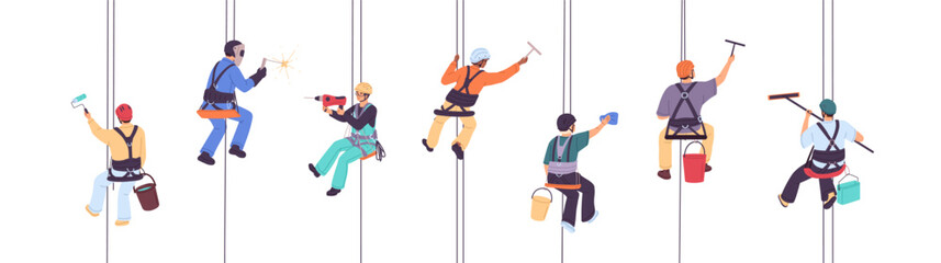 Wall Mural - Group of industrial alpinists works at height. Workers with safety ropes clean window. Professional climbers with equipment, tools hanging on harness. Flat vector illustrations isolated on white