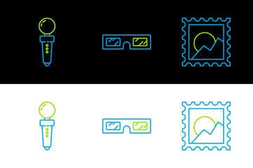 Sticker - Set line Picture landscape, Joystick for arcade machine and 3D cinema glasses icon. Vector