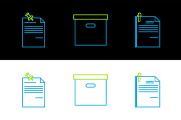 Poster - Set line File document and paper clip, Note with pinned pushbutton and Carton cardboard box icon. Vector