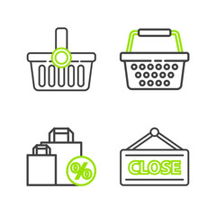 Sticker - Set line Hanging sign with Closed, Shoping bag discount, Shopping basket and icon. Vector