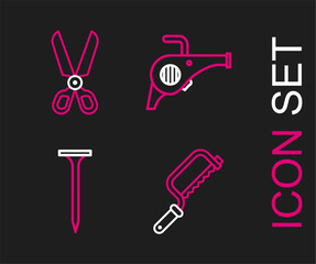 Poster - Set line Hacksaw, Metallic nail, Leaf garden blower and Scissors icon. Vector