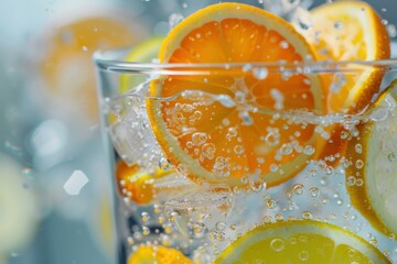 Wall Mural - Glass of refreshing ice water with sliced oranges and lemons is being prepared on a hot summer day