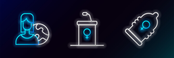 Sticker - Set line Condom, Women from different countries and Debate podium rostrum icon. Glowing neon. Vector