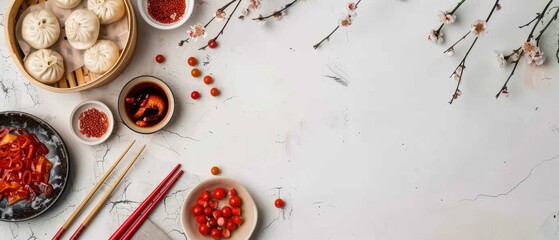 Wall Mural - A white background with a variety of Asian food and chopsticks