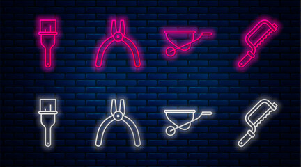 Poster - Set line Pliers tool, Wheelbarrow, Paint brush and Hacksaw. Glowing neon icon on brick wall. Vector