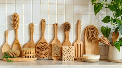 Canvas Print - Wooden Brushes and Sponges on a White Tile Countertop