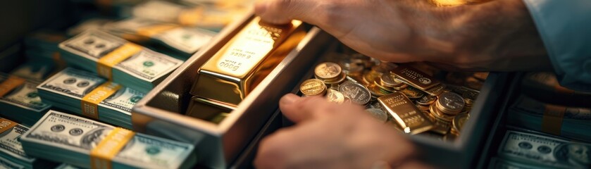 A detailed view of a safe deposit box being opened, revealing a neatly placed gold bar and a stack of dollar bills inside