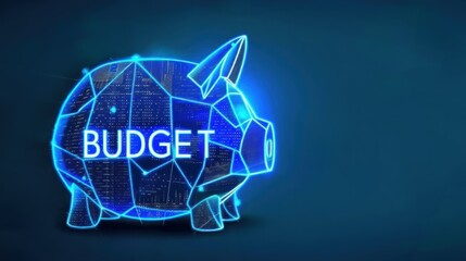 A blue digital piggy bank with glowing lines and the word budget illustrating budget concept