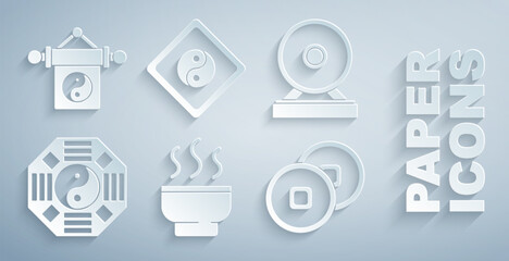 Wall Mural - Set Chinese tea ceremony, Gong, Yin Yang, Yuan currency, and icon. Vector