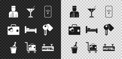 Wall Mural - Set Concierge, Martini glass, Mobile with wi-fi wireless, Champagne an ice bucket, Suitcase, Signboard text Hotel, and room bed icon. Vector