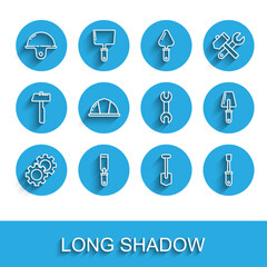 Wall Mural - Set line Gear, Rasp metal file, Worker safety helmet, Shovel, Screwdriver, Trowel and Wrench spanner icon. Vector