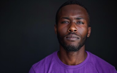 Canvas Print - An African American man wearing a purple t-shirt poses for a portrait in front of a gray background