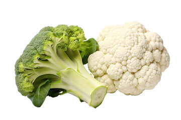 Wall Mural - Freshly Harvested Green Broccoli and White Cauliflower on a White Background on a White or Clear Surface PNG Transparent Background.