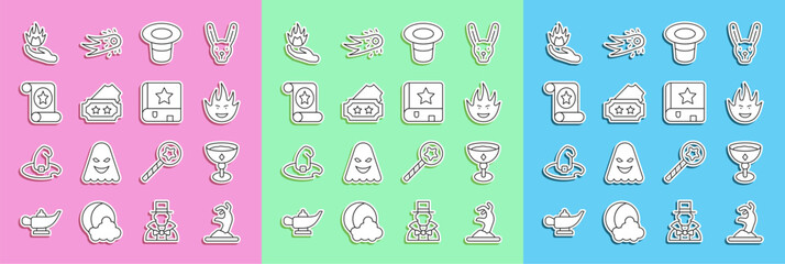 Sticker - Set line Zombie hand, Medieval goblet, Fire flame, Magic hat, Ticket, scroll, Hand holding fire and Ancient magic book icon. Vector