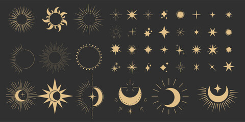 Wall Mural - set gold moon, sun and stars shine sparkle icon glare,light,blink star minimal shape, burst and rays