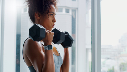 Poster - African woman, dumbbells and workout at gym with thinking for exercise, wellness and muscle development. Person, bodybuilder and weightlifting for change, fitness or body transformation with health