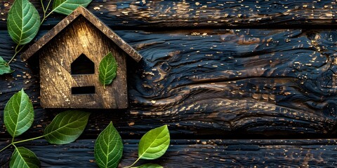 Canvas Print - Wooden Birdhouse and Green Leaves on Rustic Wooden Background Environmental Conservation Concept with Copy Space