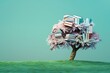 © Sadia Batool - 3D tree with books as leaves each book radiating knowledge and wisdom standing majestically on serene green field against solid pastel blue background
