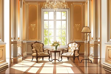 Elegant Living Room Interior Illustration with Sunbeams, Two Armchairs, and a Table with Flowers