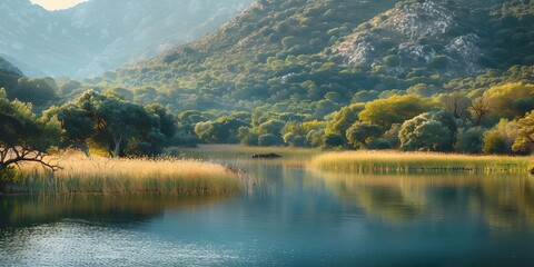 Canvas Print - Serene Autumn Landscape at Scenic Wildlife Preserve with Tranquil Lake and Mountain Backdrop