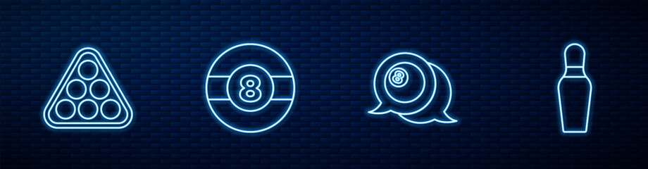 Wall Mural - Set line Billiard ball, balls in rack triangle, and Bowling pin. Glowing neon icon on brick wall. Vector