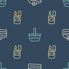 Wall Mural - Set line Piece of cake, Lighter and Picnic basket on seamless pattern. Vector